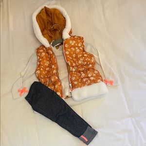 NWOT Set Floral Orange Kids Puffer Vest with long sleeved top and leggings
